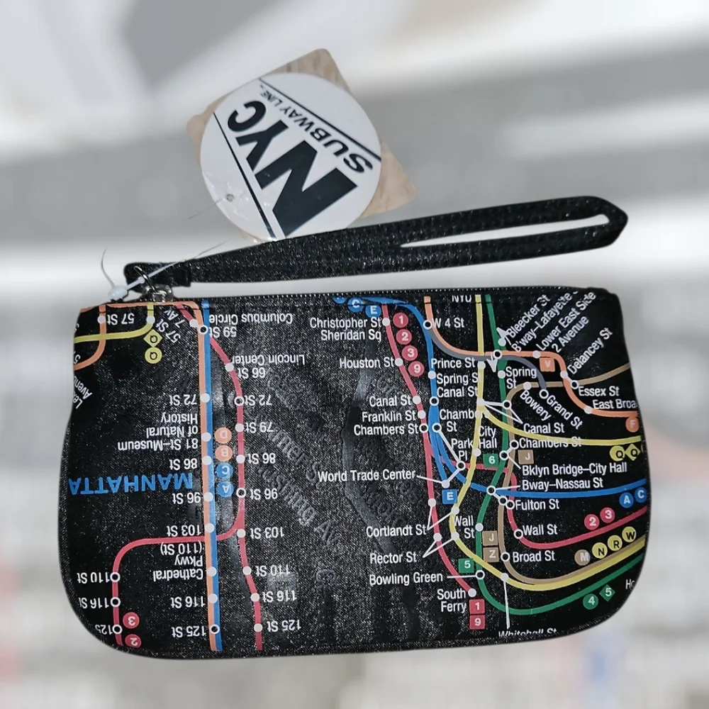 NYC Wristlet Makeup Cosmetics Bag Zip Top Black And Multi  NWT